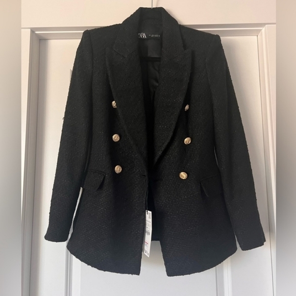 ZARA Tweed Textured Weave Double Breasted  Blazer Black - Picture 14 of 15